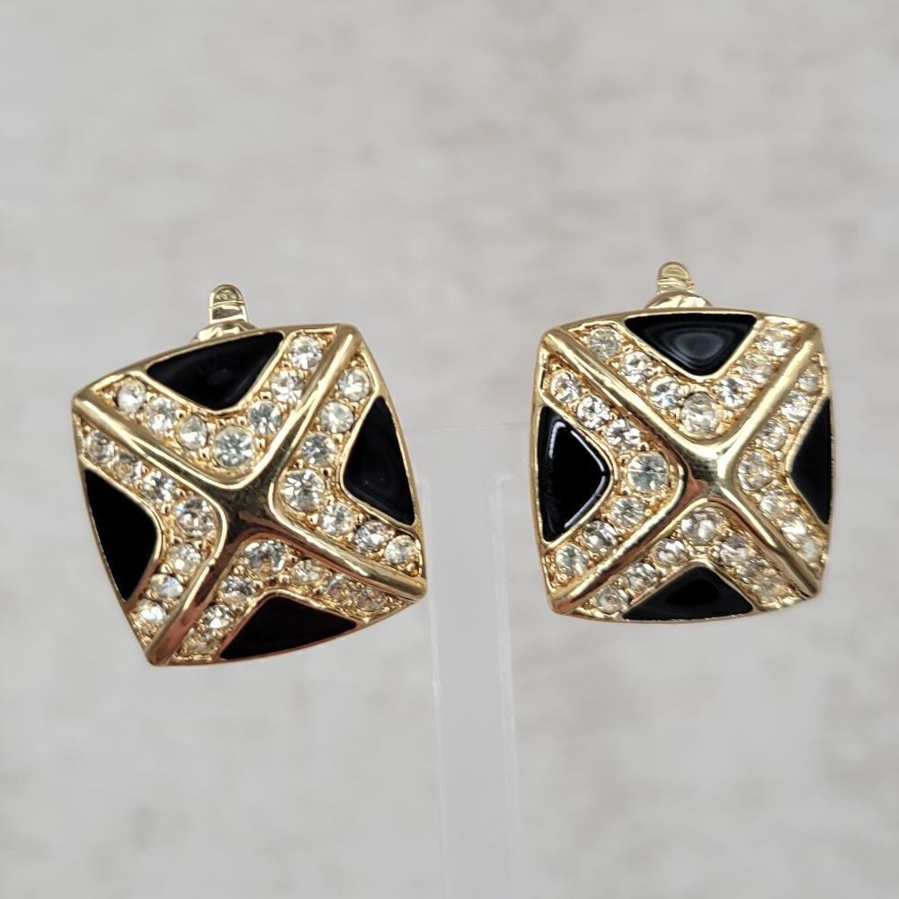 Trifari Vintage Clip on Earrings Gold Toned Black Enamel Rhinestone Square X